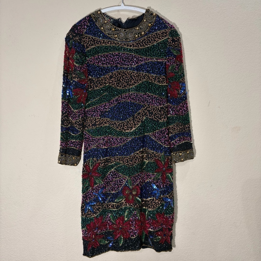 VTG sequined 1980s INDUS V silk beaded Multi Florals disco dress Party 15” PTP - Picture 1 of 16
